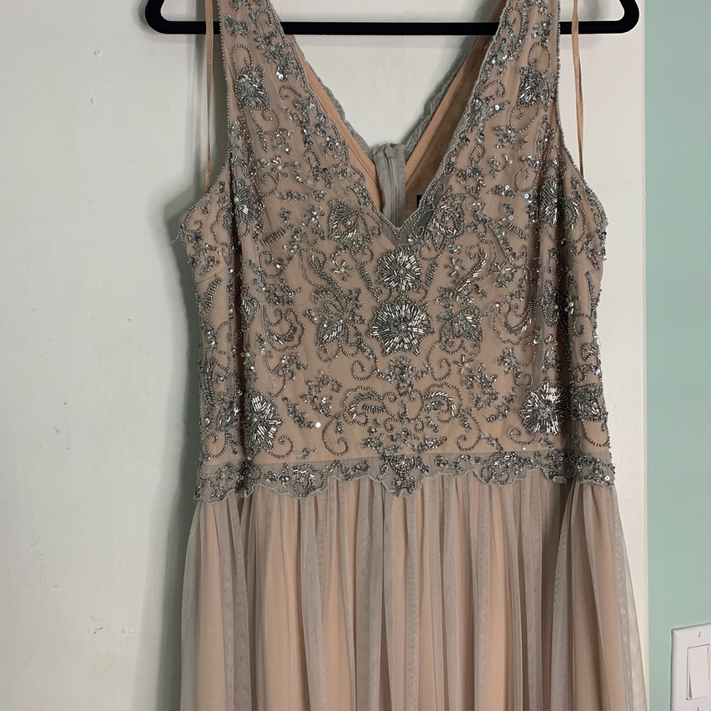 Adrianna Papell Sleeveless Gown Floral Sequin Embroidered Bodice In Silver/nude